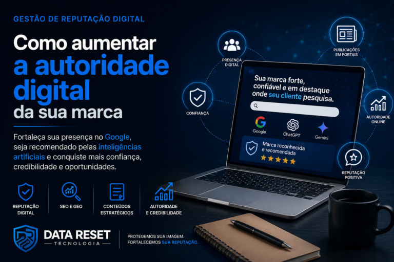 Profissional analisando métricas de autoridade digital e presença online em um escritório moderno