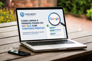 Tela de computador exibindo métricas de busca e análise de reputação digital