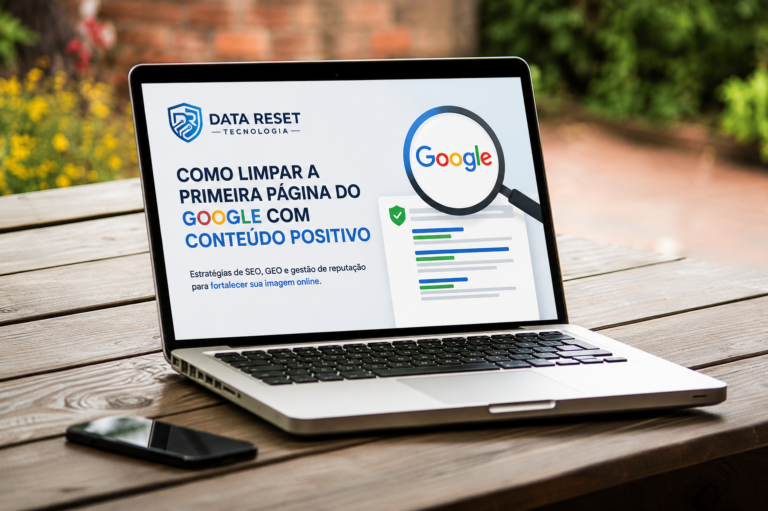 Tela de computador exibindo métricas de busca e análise de reputação digital